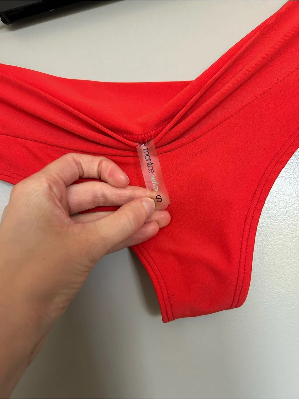 Montce Swim Red Tie-String V Notch Bikini Top and Low Rise Bottoms Set